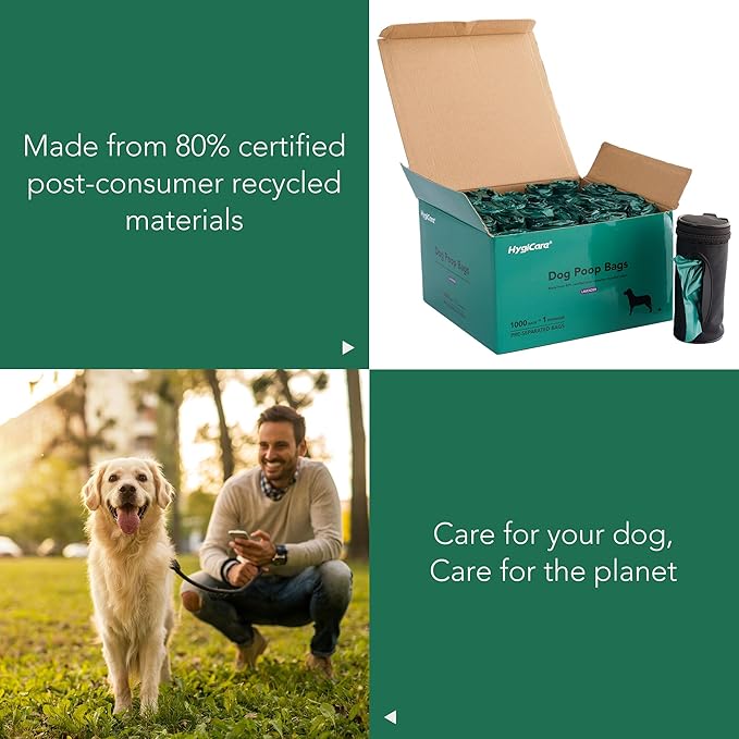 Extended Dog Poop Bags with Dispenser, 1000 Count, Pre-Separated, Lavender Scent, Eco-friendly Material, Extra Thick, 100% Leakproof, 8"x 15.6", Green-PurrikoPets
