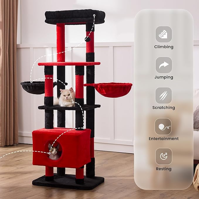 Gardner Pet 65in Heavy Duty Cat Tree Tower for Large Cats, Multi-Level Cat Furniture with Replaceable Sisal Scratching Post, Hammock | Extra-Large Platform & Condo (Black Red, Basic φ:2.84")-PurrikoPets