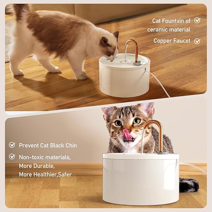DOOOB Ceramic Cat Water Fountain, 2.1L/71oz Ceramic Cat Fountain, Automatic Ceramic Water Fountain for Cats, Pet Water Fountain with Ultra-Quiet Pump and 3 Filters & 3 Sponges (White)-PurrikoPets