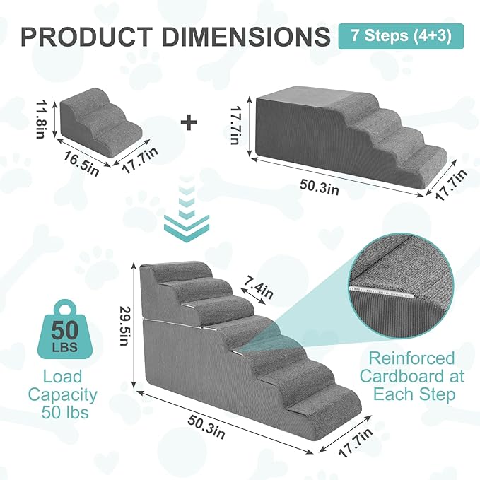 7-Step Dog Stairs for High Bed - 29.5" Adjustable Dog Ramps for Couch, Non-Slip Sturdy Pet Steps for Small Dogs, Washable Cover, Removable Modular Design, Dual 11.8” & 17.7” Steps for Custom Height-PurrikoPets