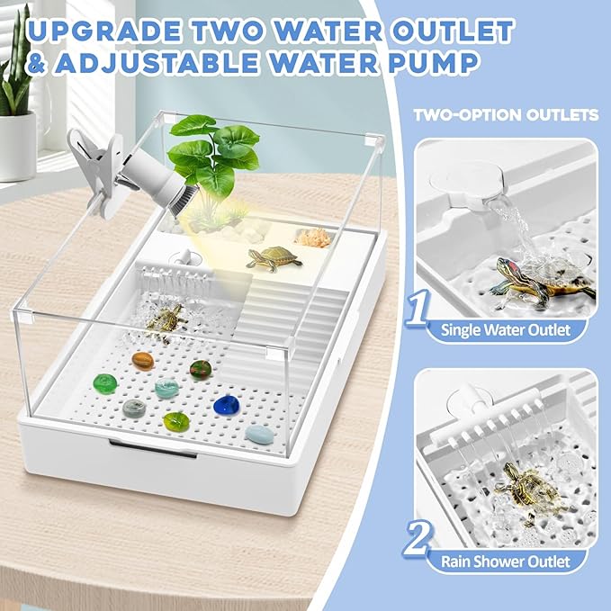 GOZILLA Large Turtle Tank Kit+Water Pump+Lamp, Acrylic Turtle Tank Starter Kit with Adjustable 5W Water Pump and Timing/Dimming Lamp, Multi-Functional Area for Small/Medium Turtles(Large-White Kit).-PurrikoPets