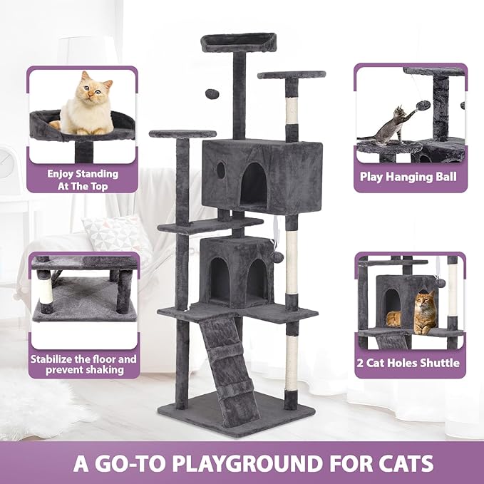 70 inches Cat Tower for Indoor Cats Multi-Level Cat Condos for XL Cat Tree Cat Climbing Tower with Scratching Posts, Hanging Toys,Light Gray-PurrikoPets