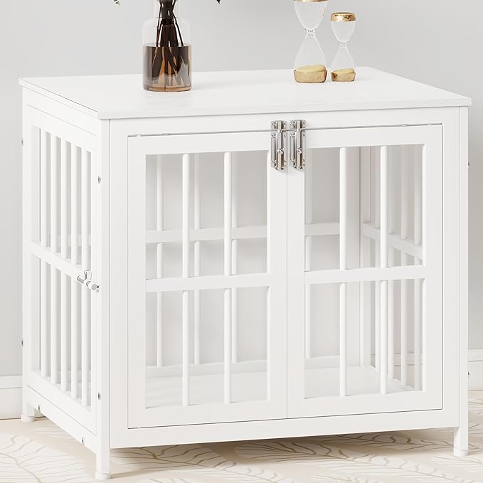 26 Inch Heavy Duty Wooden Dog Kennel End Table with Double Door Design and Secure Locks, Indoor Pet Crate Furniture for Small Dogs, Decorative Home Cage Design,White-PurrikoPets