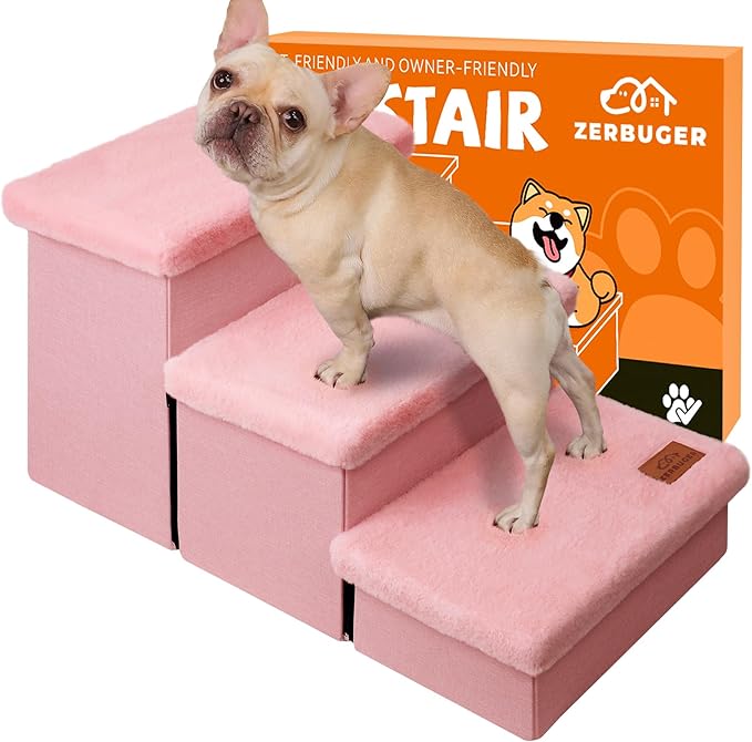 Dog Stairs with Furry Lids 18" H, 3-Step Wider Dog Steps with Storage for Small/Medium/Large Dogs Cats, Folding Sturdy Pet Stairs Climbing Bed or Sofa, Ramp for Car Hold Up to 200 lbs, Pink-PurrikoPets