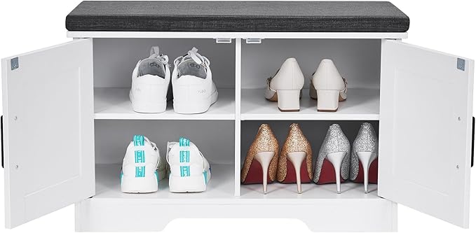 2-Tier Storage Bench, Shoe Bench with Padded Seat Cushion, Entryway Bench with 2 Barn Doors, Adjustable Shelf, 13.8" D x 27.6" W x 17.7" H, for Entryway, Living Room, Bedroom, White-PurrikoPets