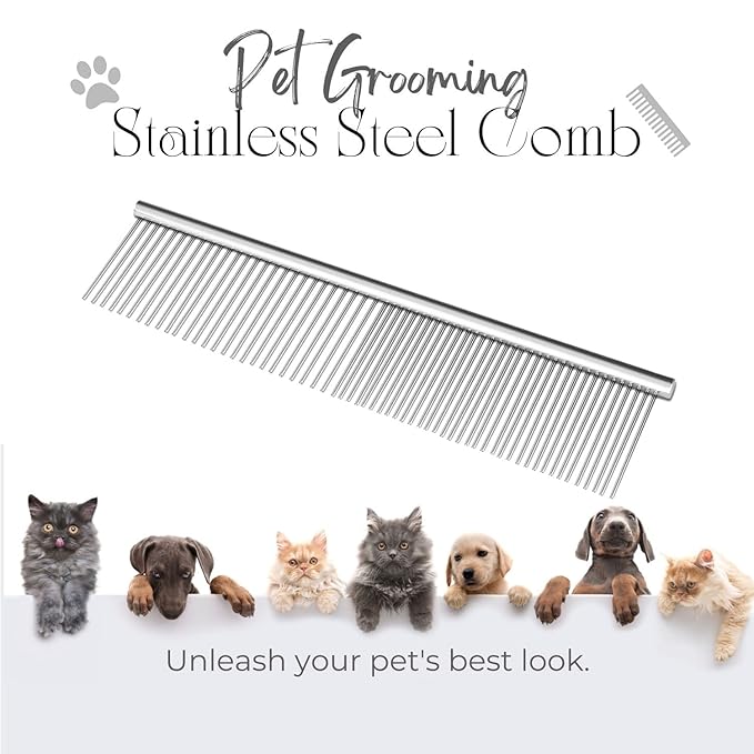 Flexzion Pet Grooming Comb Stainless Steel Cats Dogs Puppy Medium Animals Hair Fur Trimmer Deshedding Brush Accessory Tool with Smooth Teeth Needle Durable Lightweight-PurrikoPets