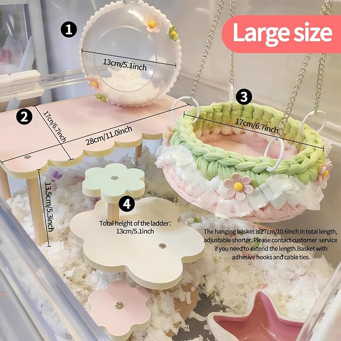 4-Pack Wooden Rat Cage Accessories - Platforms, Ladders & Hammocks Set for Chinchillas, Hamsters, Gerbils (for Iron/Wooden, Acrylic Hamster Cages + Customizable Layout) (11x6.7x5.5)-PurrikoPets