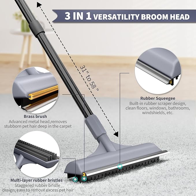 3 in 1 Carpet rake Kit for Pet Hair Removal Tool - Reusable Pet Hair Remover Broom w 58" Adjustable Long Handle, Dog & Cat Carpet Scraper, Pet Hair Remover for Rugs, Mats, Couch, Curtains(Gray)-PurrikoPets