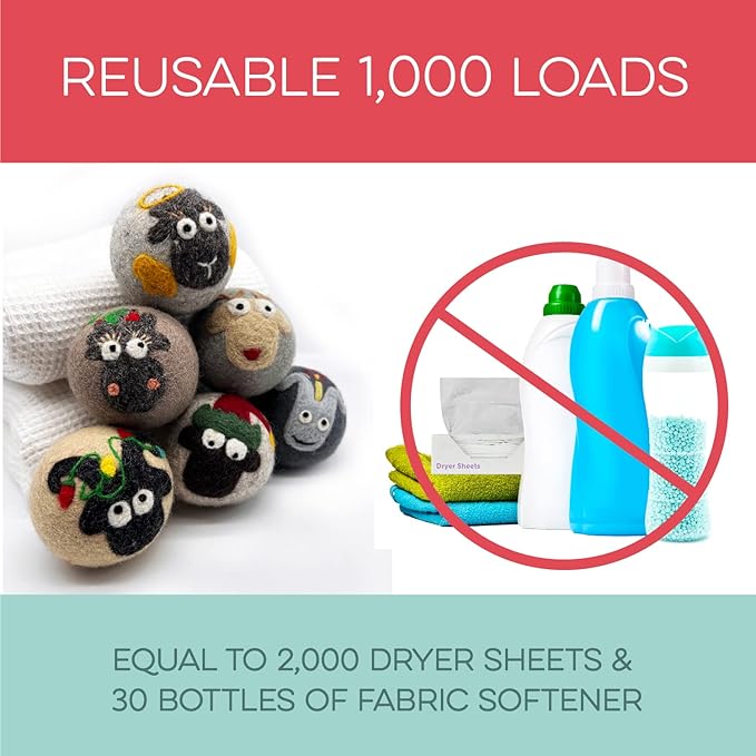 Fluff Ewes Wool Dryer Balls 6 Pack Premium New Zealand Wool Laundry Balls for Dryer, No Static Dryer Balls Laundry Reusable, XL Christmas Dryer Balls, Holiday Dryer Balls - Sheep in Heavenly Peace-PurrikoPets