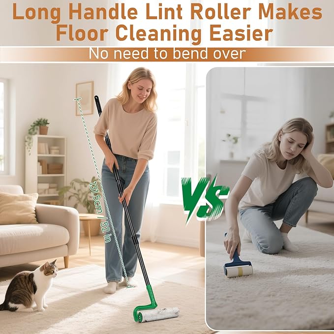 10" Large Lint Roller for Pet Hair Extra Sticky, Long Handle Floor Sticky Rollers with Big Lint Roller Refills for Cleaning Carpets, Cars, Furniture,Clothing, and Pet Hair,Green-PurrikoPets