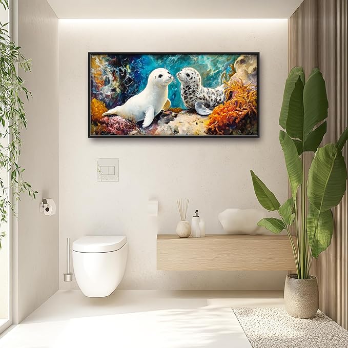 Extra Large Seal Framed Wall Art for Living Room,Oversized Underwater Animal Pictures Wall Decor,Ocean Coral Reef Canvas Print Painting Modern Artwork Bedroom Office Bathroom 60L" x 30W"-PurrikoPets
