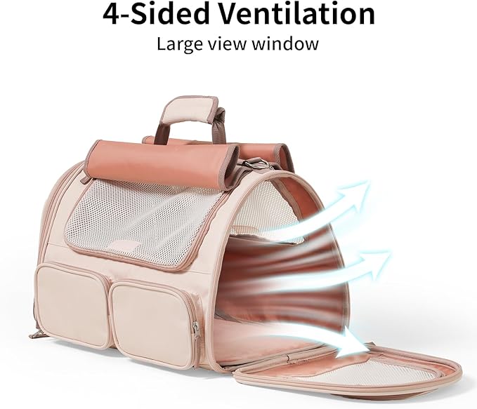 FUKUMARU Cat Carrier, 4 Mesh Windows Small Dog Carrier, 4 Storage Pockets Cat Travel Bag, Under 15 lb Airline Approved Pet Carrier, Rollable Cover for Nervous Cats, Pink-PurrikoPets