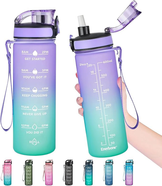 Enerbone Water Bottle, Leakproof BPA & Toxic Free, Motivational Water Bottle with Times to Drink and Straw, Fitness Sports Water Bottle with Strap for Office, Gym, Outdoor Sports-PurrikoPets