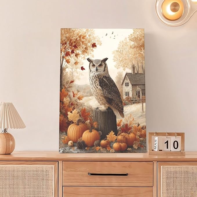 Fall Owl Wall Art Autumn Pumpkin Leaves Wall Decor Rustic Canvas Print Farmhouse Pictures Painting Print Framed Artwork Decorations Gifts for Living Room Bathroom Bedroom Office 16"x24"-PurrikoPets