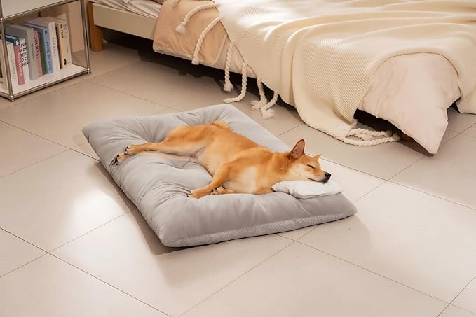 FUNNY FUZZY Washable Dog Bed,Reversible Plush Dog Crate Mat, Soft Fluffy Kennel Pad,Pet Sleeping Mattress for Large,Jumbo,Medium Sized Dogs Breeds,Indoor Cats,41.7" × 28.3", Light Grey-PurrikoPets