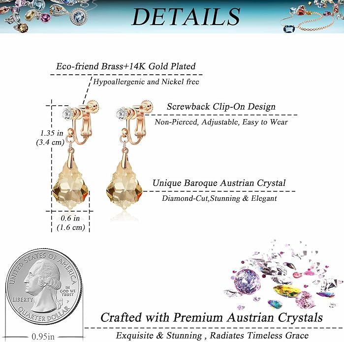 Austrian Crystal Baroque Drop Clip On Dangle Earrings for Women Non Pierced 14K Rose Gold Plated Hypoallergenic Jewelry