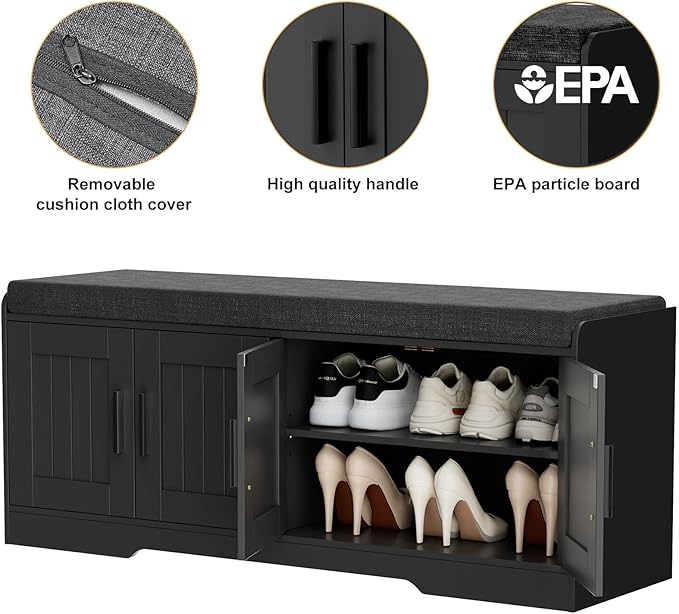 2-Tier Storage Bench, Shoe Bench with Thickened Padded Seat Cushion, Entryway Bench with 4 Doors, Adjustable Shelf, 13.8" D x 45.3" W x 18.5" H, for Entryway, Living Room, Bedroom, Black-PurrikoPets