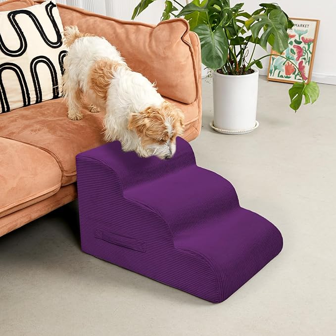 Dog Steps for Small Dogs, 3-Step Dog Ramp and Stairs for High Beds and Sofa, Non-Slip Pet Stairs Removable and Easy to Clean Cover, Purple-PurrikoPets