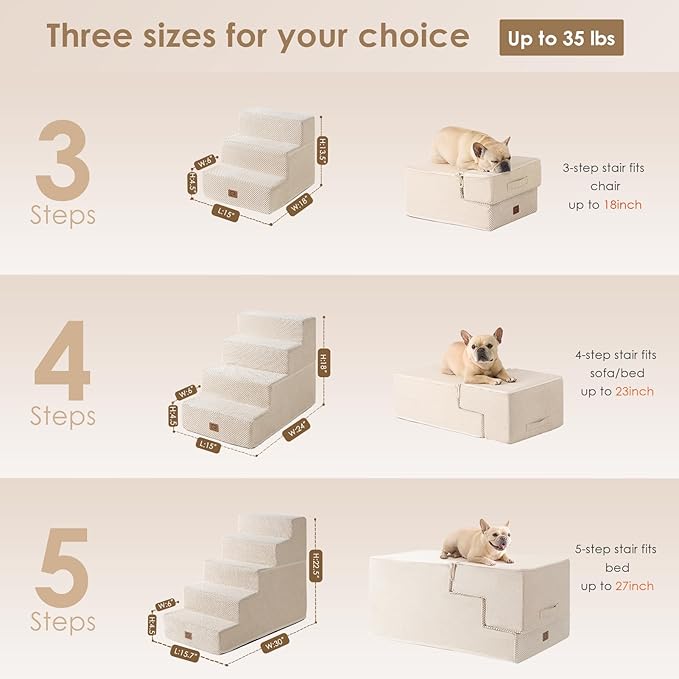 EHEYCIGA Dog Stairs for Small Dogs 13.5" H, 3-Step Dog Steps for Couch Sofa and Chair, Pet Steps for Medium Cats, Non-Slip Balanced Pet Ramp Indoor, Beige-PurrikoPets