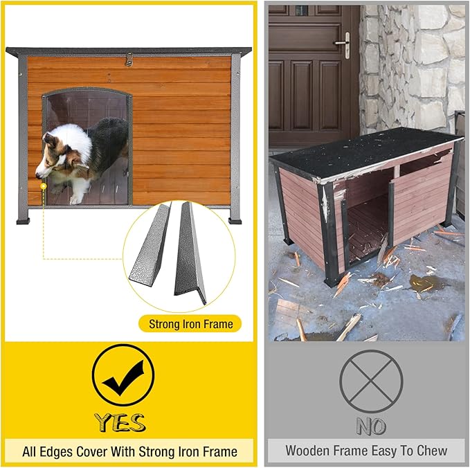 Aivituvin Dog House Outdoor & Indoor Wooden Dog Kennel for Winter with Raised Feet Weatherproof for Small & Medium & Large Dogs,Unique All-Around Iron Frame…-PurrikoPets
