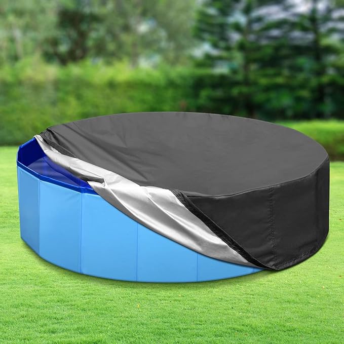 55 inch Foldable Dog Pet Bath Pool Cover, Portable Round Collapsible Pool Cover with Oxford Cloth Material and Drawstring Design for Dog Pet Pool, Waterproof and Dustproof (Black)-PurrikoPets