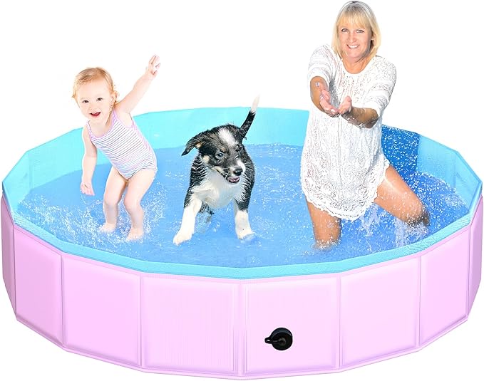 2025 Updated Foldable Dog Pool, 71" x 12" Kiddie Pool with Hard Plastic, Non-Slip Dog Bath Tub for Outdoor Backyard, Collapsible Dog Swimming Pool for Kids Dogs Pets (Pink)-PurrikoPets