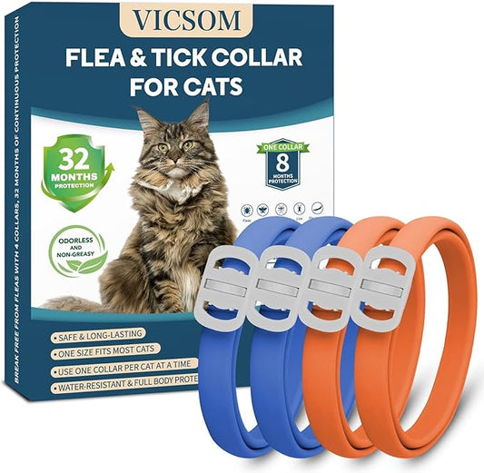 4 Pack Flea and Tick Collar for Cats, 32 Months Flea and Tick Treatment, Flea and Tick Prevention, Waterproof, Adjustable Flea and Tick Collar for Kittens, Blue & Orange-PurrikoPets