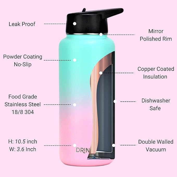 DRINCO Stainless Steel Water Bottle Spout Lid Vacuum Insulated Double Wall Water Bottle Wide Mouth (40oz 32oz 22oz 18oz 14oz) Leak Proof Keeps Cold or Hot (32 oz, 32oz Macaron)-PurrikoPets