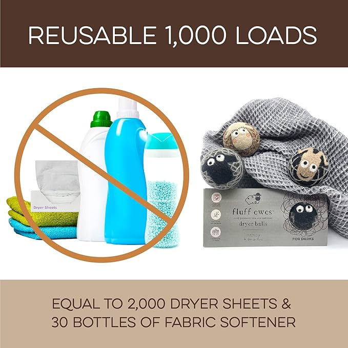 Fluff Ewes Wool Dryer Balls 3 Pack Premium New Zealand Wool Laundry Balls for Dryer, No Static Dryer Balls Laundry Reusable Cute - XL Wool Dryer Balls Cute, Baby Dryer Balls for Dryers - Darks-PurrikoPets