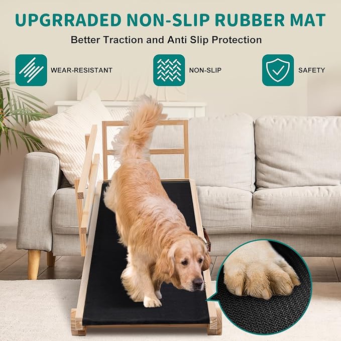 Dog Ramp for Bed, Adjustable Pet Ramps for Dog to Get on Bed, Non-Slip Rubber Surface - Folding Wooden Dog Ramp for Small/Large/Old Dogs, Adjustable up to 23.5 inch High Beds, Safety Railings-PurrikoPets