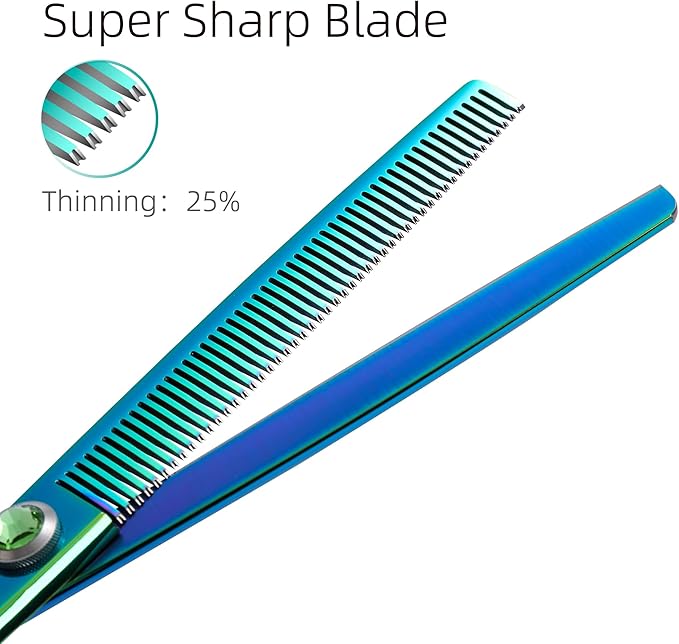 Fenice Peak 7'' Green Thinning Dog Grooming Scissors Pet Shears with Ergonomic Offest Handle and Simulated Emerald Screw 440C Grooming Scissors Trimming Shears Durable and Sharp-PurrikoPets