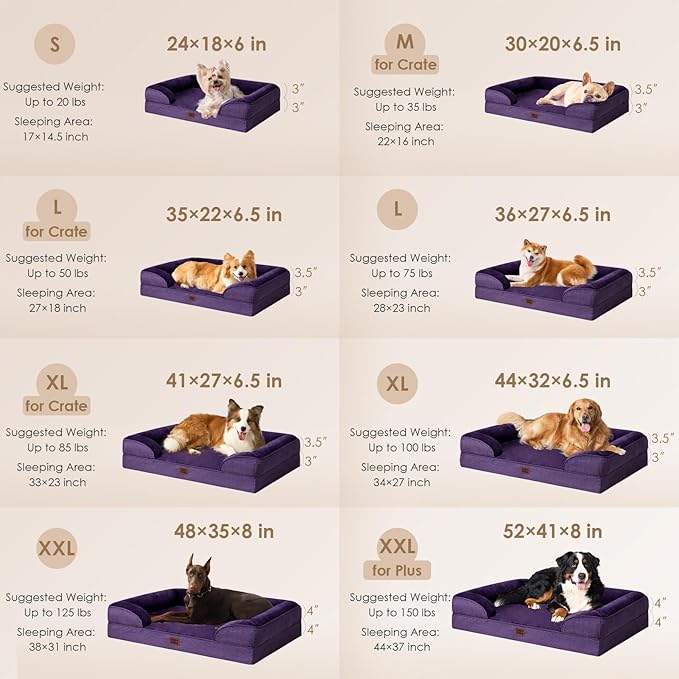 EHEYCIGA Orthopedic Dog Beds for Extra Large Dogs, Waterproof Memory Foam XXL Dog Bed with Sides, Non-Slip Bottom and Egg-Crate Foam Big Pet Couch Bed with Washable Removable Cover, Purple-PurrikoPets