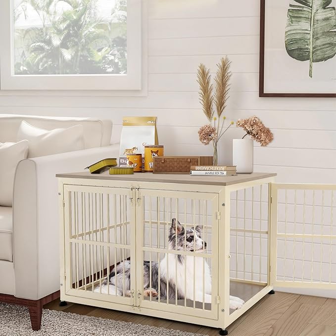 40 Inch Dog Crate Furniture for Large Medium Dogs, Wooden Heavy Duty Dog Kennel with Double Doors, Decorative Pet House Dog Cage Side End Table Indoor, Pet Cage Dog House, Beige-PurrikoPets