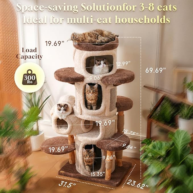 69.69'' Modern Cat Tree for Indoor Cats Large Adult, Luxury Cat Tower with Scratching Post, Multi Level Spacious Condo, Heavy Duty Kitty House, Sturdy Cat Activity Center for Large Cat-PurrikoPets