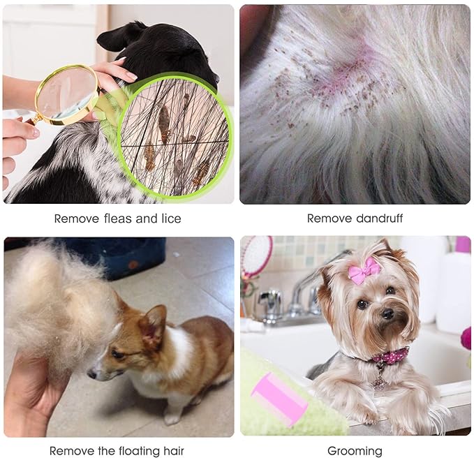 Flea Comb Lice Comb Cat Comb Dog Comb Pet Grooming Combs Tear Stain Remover Comb Remove Mucus Crust 2-in-1 Metal Round Smooth Teeth Comb Remove Floating Hair Tangles Dander (pink)-PurrikoPets