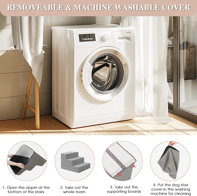 GGIB Non-Slip Pet Stairs for Small Dogs & Cats - 4-Step, Removable Washable Cover, Light Grey, 17" H-PurrikoPets