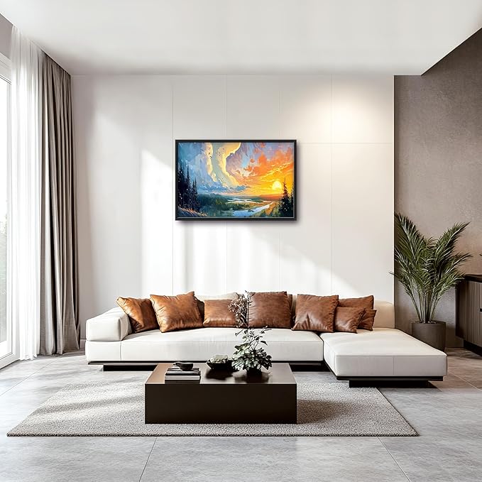 Framed Large Sunrise Wall Art for Living Room, Oversized Sunrise Wall Decor Forest Lake Landscape Canvas Print Natural Picture Home Decoration for Bedroom Living Room Office 36"x24"-PurrikoPets