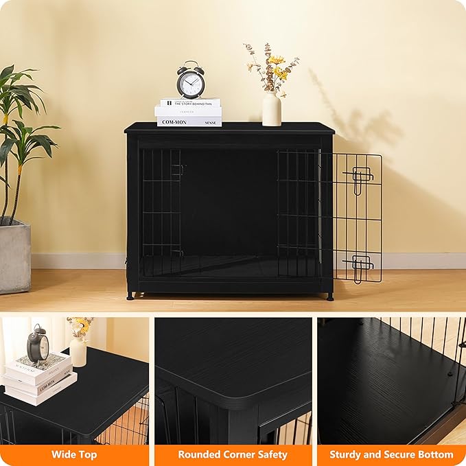 DWANTON Dog Crate Furniture with Cushion, Wooden Kennel Table with Double Doors, Indoor Dog House, Medium Size, 32.5" L, Black-PurrikoPets