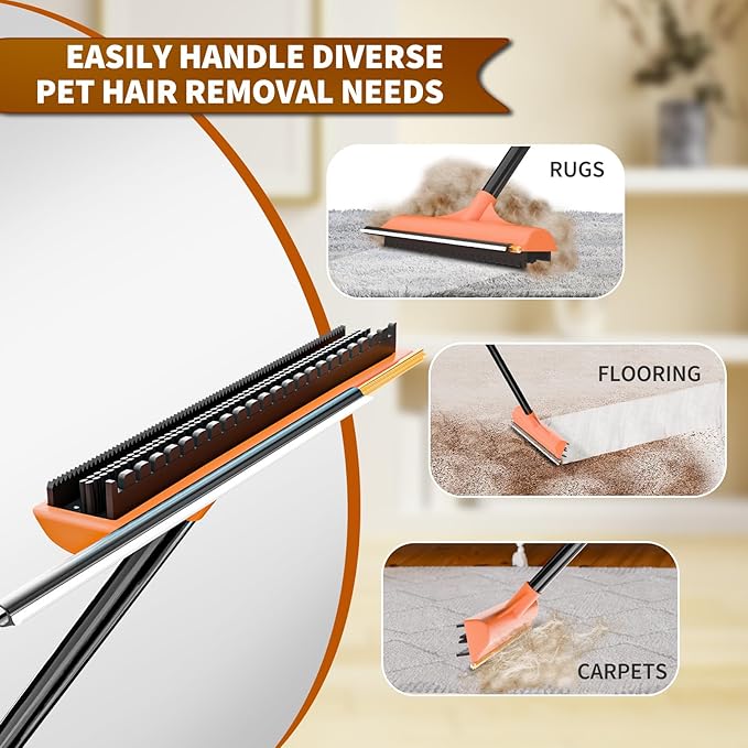 3 in 1 Carpet rake Kit for Pet Hair Removal Tool - Reusable Pet Hair Remover broom w 58"Adjustable Long Handle, Dog & Cat Carpet Scraper, Pet Hair Remover for Rugs, Mats, Couch, Curtains(Orange)-PurrikoPets