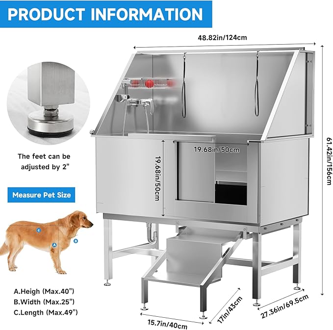 Dog Washing Station 50" Dog Grooming Tub with Right Stair& Faucet, Stainless Steel Dog Bathing Station for Home,Dog Bathtub for Large,Medium,Small Pets-PurrikoPets