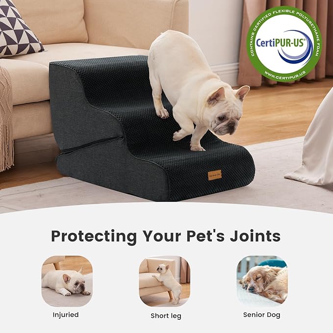 Gardner Pet Dog Stairs for Small Dogs 16.5" H, 2 in 1 Transformable 3-Step Pet Stairs and Dog Ramp for Couch (13-20 in), Black Adjustable Pet Steps with Non-Slip Waterproof Cover and CertiPUR-US Foam-PurrikoPets