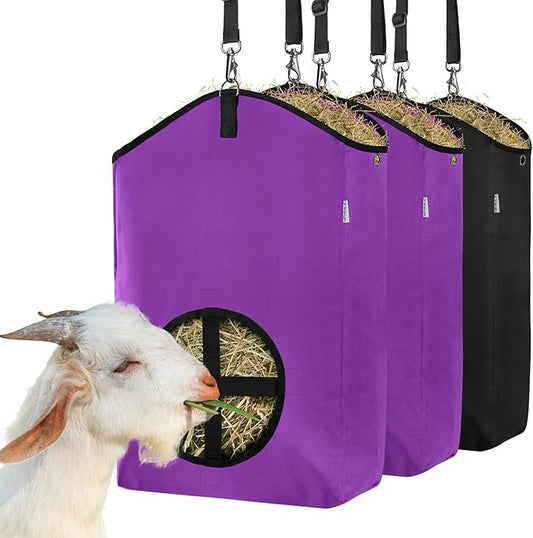 3 Packs Goat Hay Feeder,Hay Bags for Goats,Horses,Sheep,Premium 600D Oxford Cloth,with Metal Fastener and Adjustable Open Feed Hole for Slow Feeding. (2Purple + 1Black)-PurrikoPets