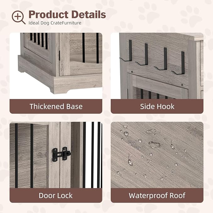 40 Inch Furniture-Style Dog Crate-Multipurpose Wood Pet Crate Furniture with Double Doors,2 Drawers, Decorative Dog House Indoor for Smal/Medium Dogs, Gray Finish-PurrikoPets