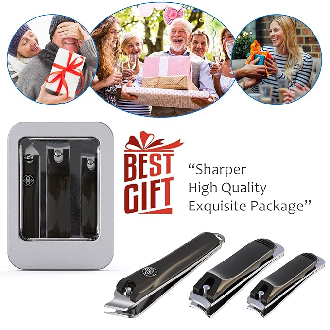 GLAMFIELDS 3pcs Nail Clippers Set, Black Stainless Steel Slanted Edge Nail Clipper & Fingernail & Thick Toenail Trimmer for Men and Women-PurrikoPets