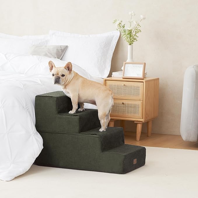 EHEYCIGA Dog Stairs for Bed 20" H, 4-Step Extra Wide Dog Steps for High Bed, Pet Steps for Small Dogs and Cats, Non-Slip Balanced Pet Ramp Indoor, Olive Green-PurrikoPets