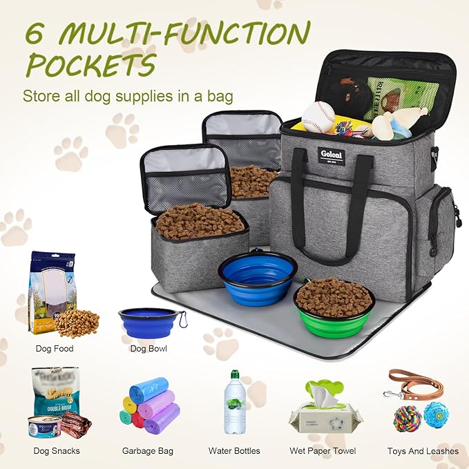 Dog Travel Bag Airline Approved–Pet Travel Tote with Collapsible Bowls,Food Containers & Feeding Mat–Multi-Pocket Organizer for Dogs & Cats, Durable & Water-Resistant for Hiking,Trips,Outdoors-PurrikoPets