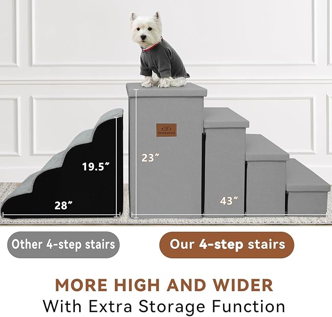 Dog Stairs with Storage 23" H, 4-Step Wider Dog Steps for High Beds Window, Folding Sturdy Pet Stairs Gift for Injured Old Dogs Cats, Ramp for Climbing Car Up to 200 lbs,(Gray, No Condo)-PurrikoPets