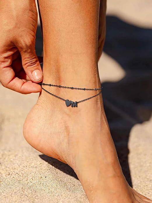 Suplight Stainless Steel Initial Ankle Bracelets for Women Layered Dainty Heart Anklet Beaded Anklets for Women Waterproof Plus Size Ankle Foot Chain Summer Essentials Jewelry(with Gift Box)