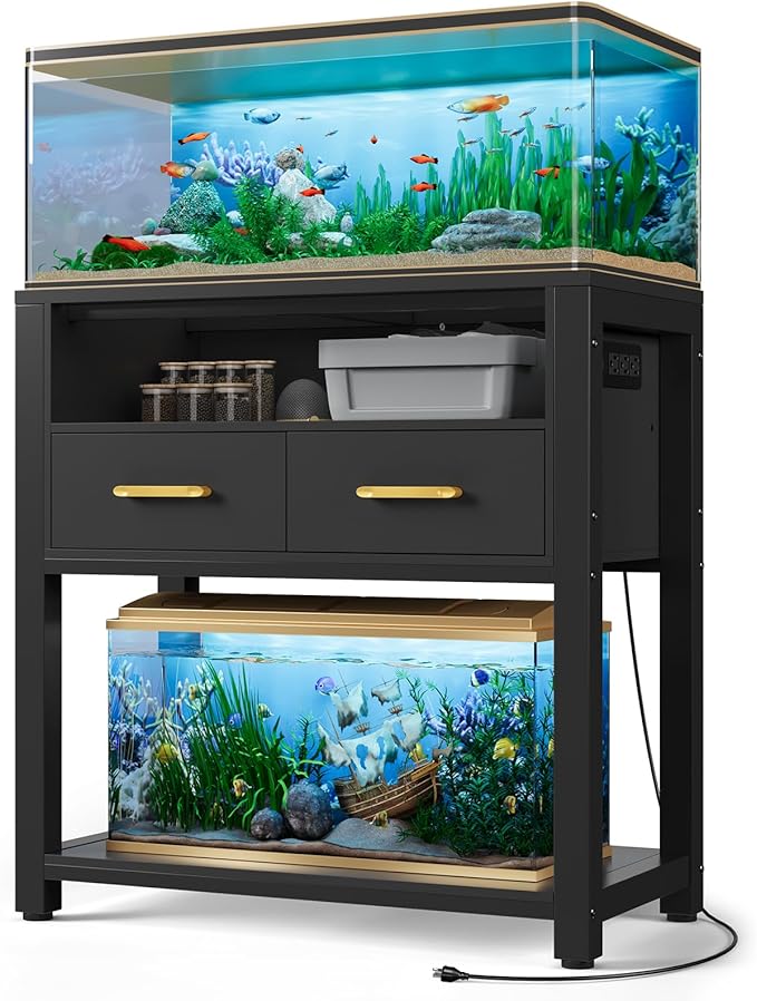 20-29 Gallon Aquarium Stand with Stable Metal Frame & Power Outlet, Heavy-Duty Fish Tank Stand with Waterproof Mat, 550LBS Capacity Storage Cabinet, Black-PurrikoPets