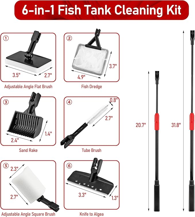 6 in 1 Aquarium Cleaning Tool Kit Fish Tank Algae Scraper, Sponge Pad, Fish Net, Gravel Rake and Cleaning Brush with Telescopic Long Handle-PurrikoPets